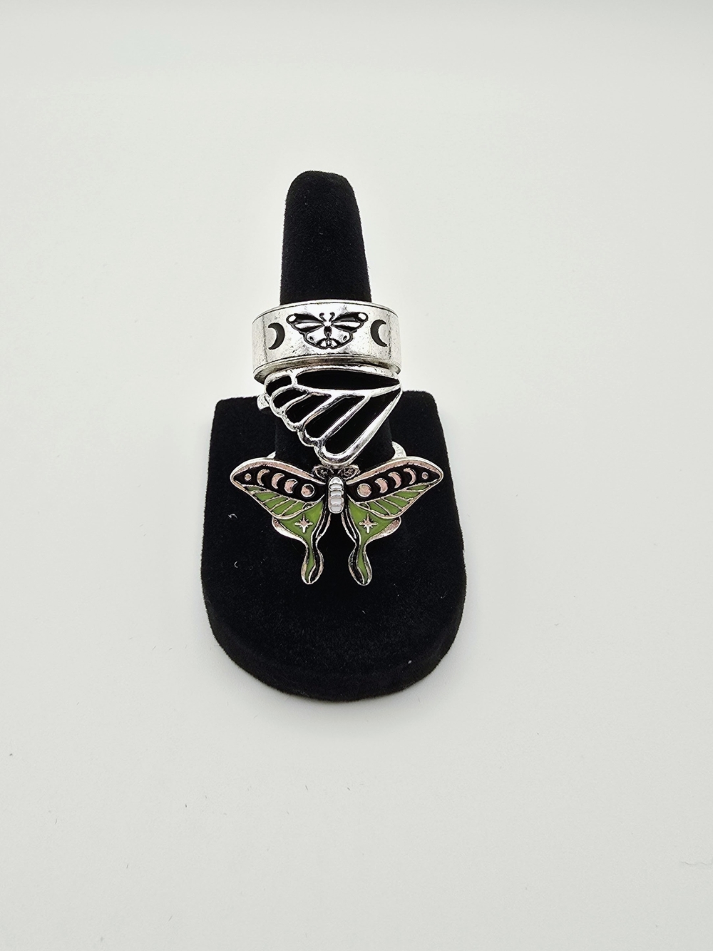 Enamel Moth & Moon Silver Tone Ring Trio